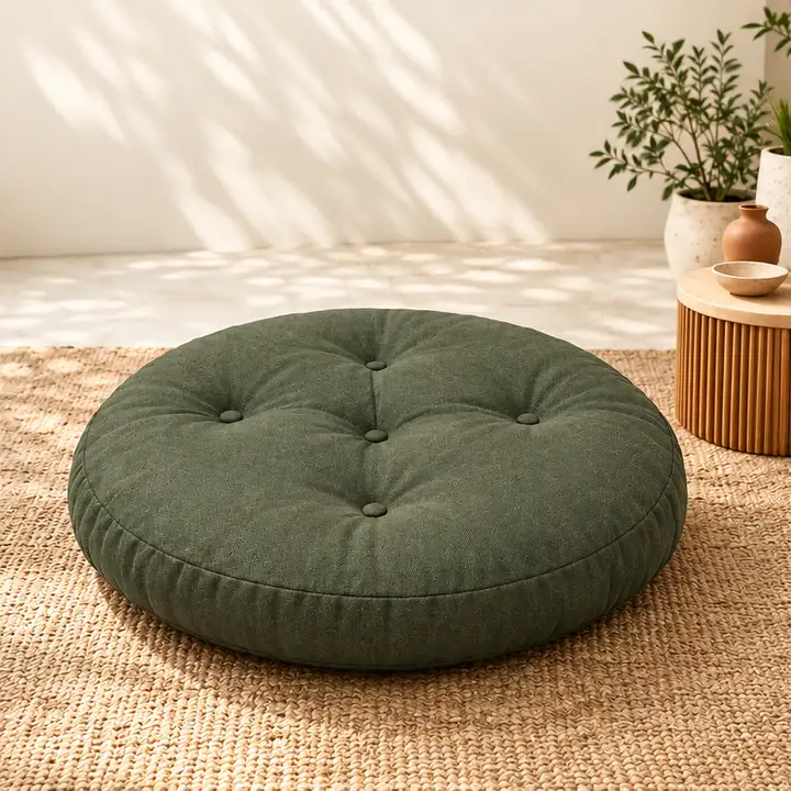 Kapitone Yuvarlak Yer Minderi · 60 × 60 × 8 cm | Haki | İç mekân