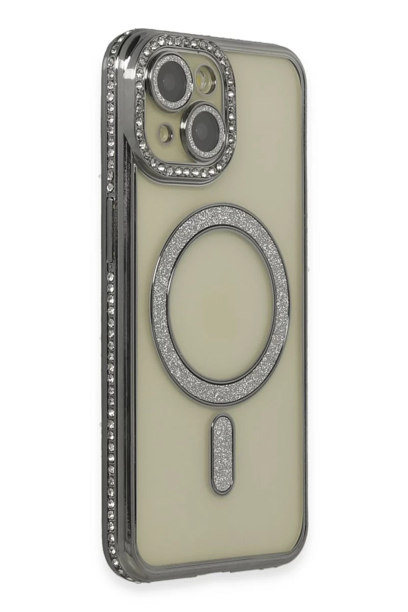 Apple iPhone 13 Uyumlu Kılıf Joke Simli Magneticsafe Kılıf - Gri