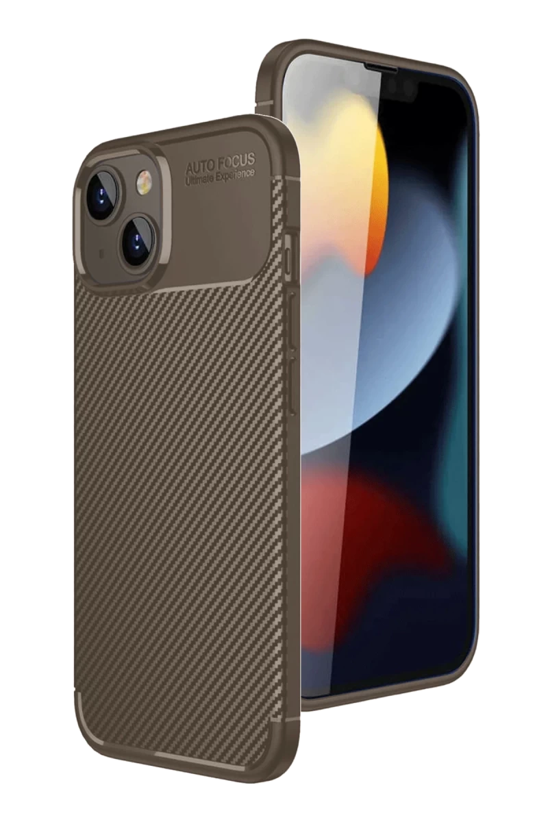 Apple iPhone 15 Uyumlu Kılıf Auto Focus Karbon Kapak - Kahverengi