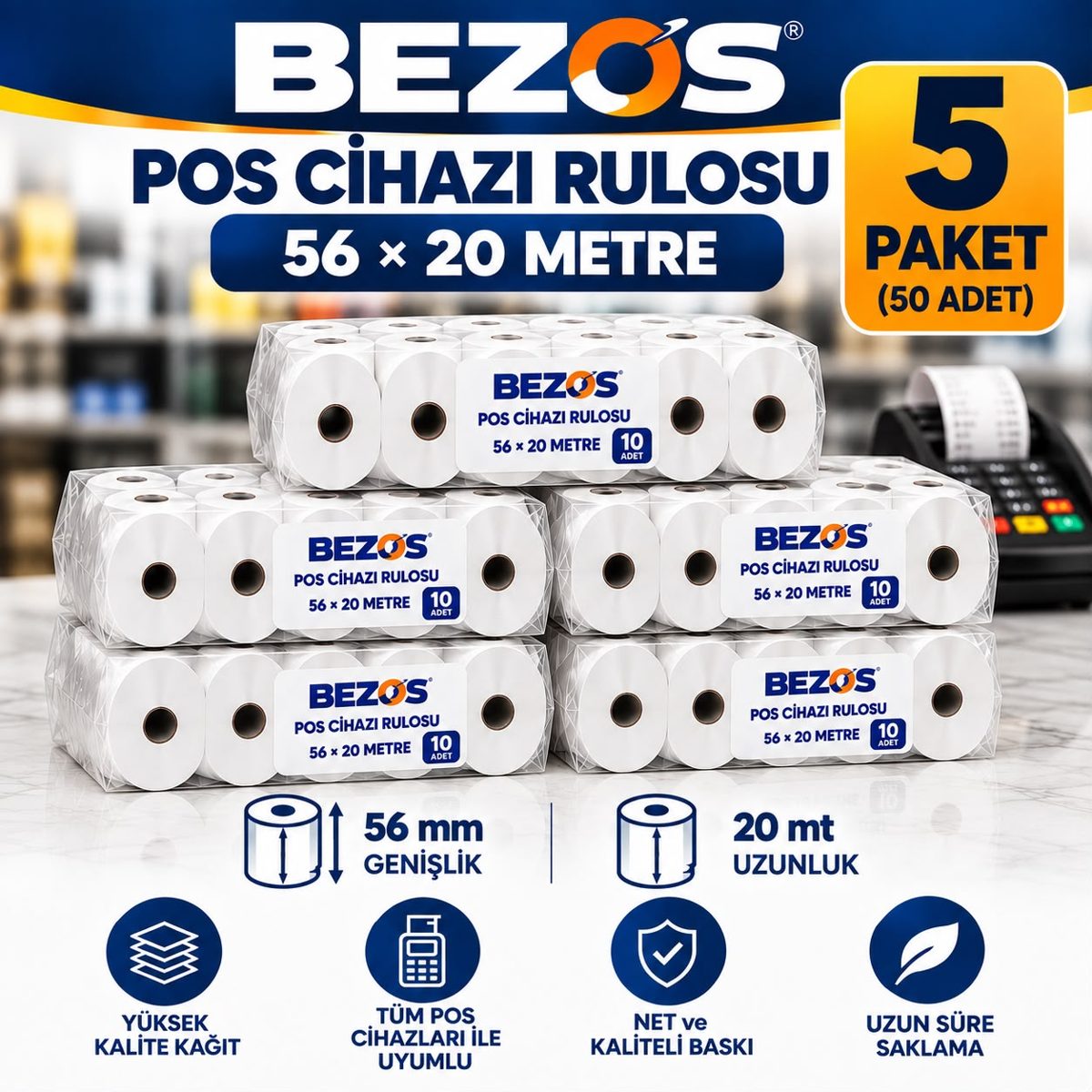 Termal POS Cihazı Rulosu 56 mm x 20 m - 50 Adet (5 Paket) Yazar Kasa Slip Rulosu