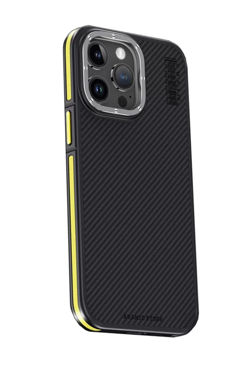 Joko Apple iPhone 15 Pro Max Uyumlu Kılıf Aramid 600D Kevlar Karbon Fiber Magsafe Kapak - Sarı