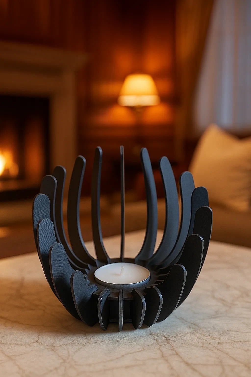 3D Baskı Nilüfer Çiçeği Formlu Mumluk Tealight Mum Tutucu Yapıştırıcısız Geçmeli Dekoratif Mumluk Siyah