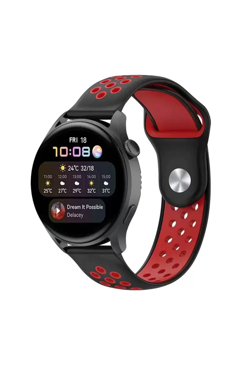 Watch 22mm Uyumlu Spor Delikli Kordon - Siyah-Kırmızı
