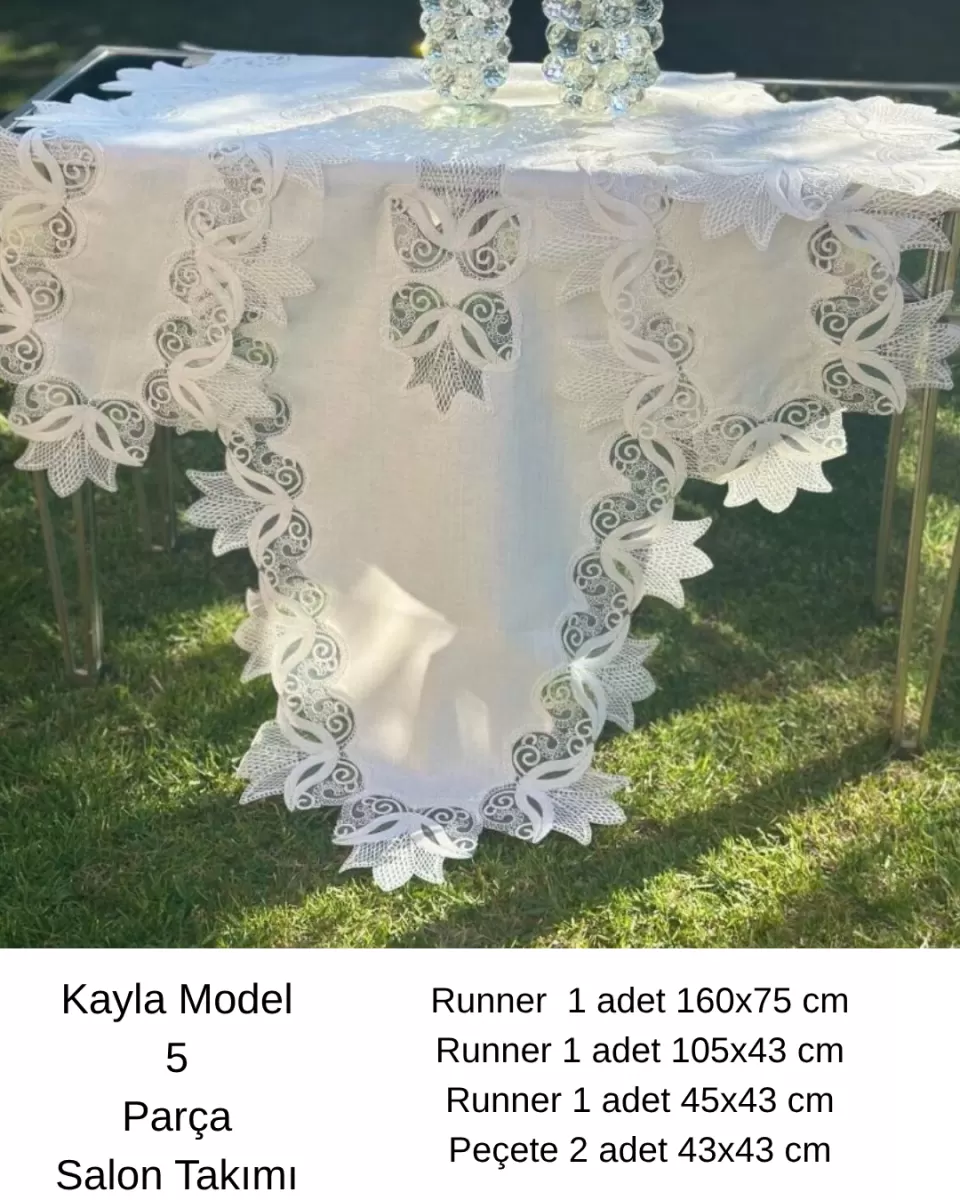 Salon Takımı 5 Parça Keten Masa Örtüsü Runner Seti Çeyizlik Kayla Model No 2323 Krem-Krem
