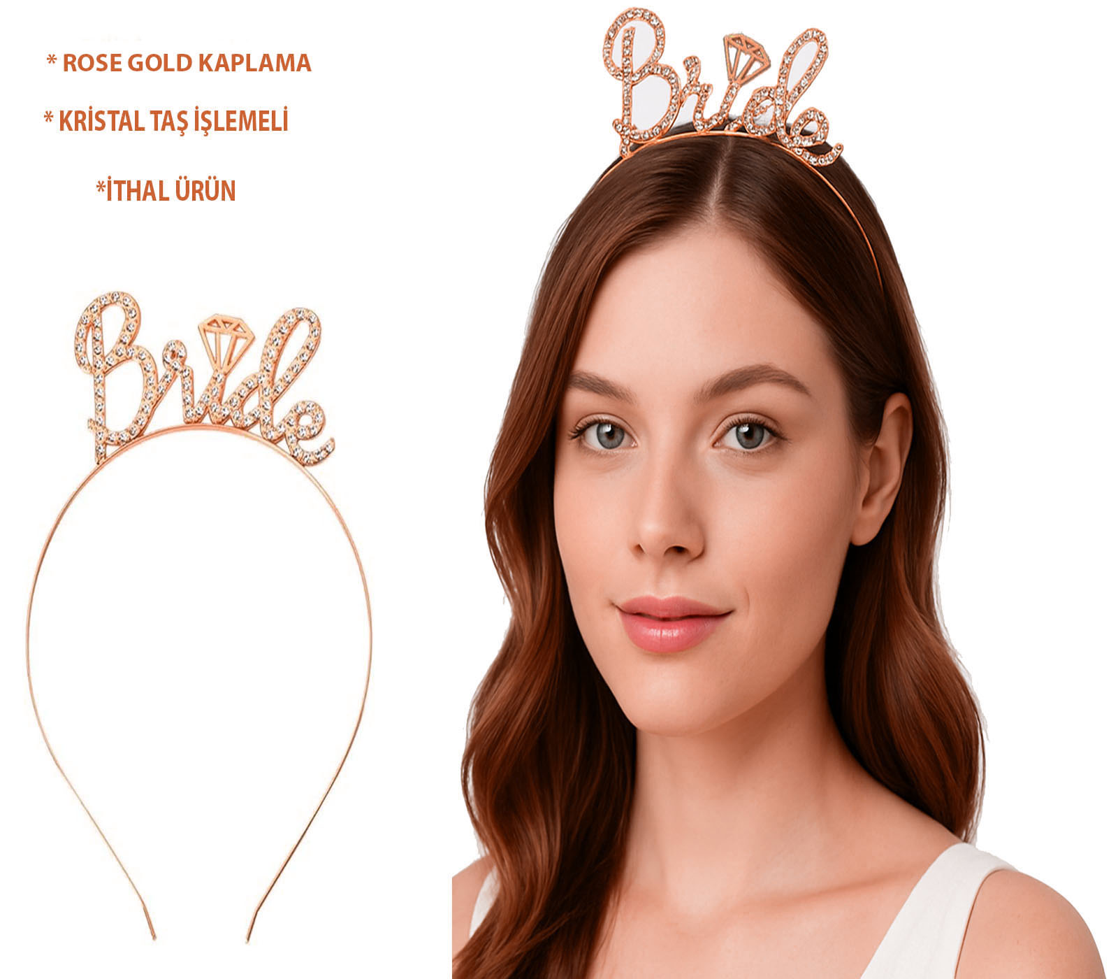 Rose Gold Renkli Taşlı ?Bride? Gelin Tacı ? El Yazısı Yazı Tipiyle