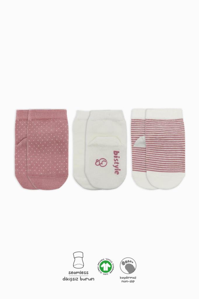 NessiWorld Puanlı Kaymaz Penye Soket Çorap 3'Lü BS10108 Pudra · Beden: 0-3 Ay · Renk: Pudra