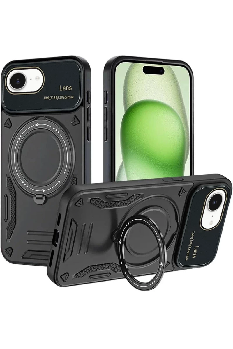 Apple iPhone 16E Uyumlu Kılıf Joy Lens Standlı Kapak - Siyah