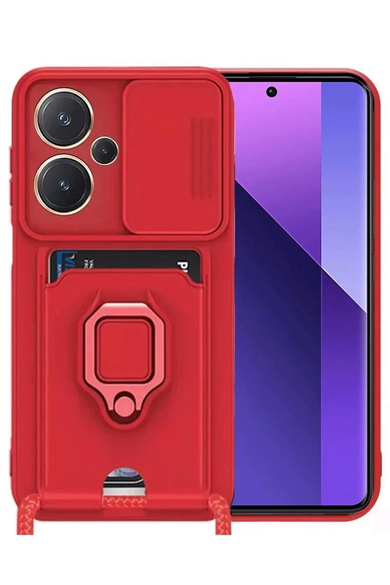 Xiaomi Redmi Note 13 Pro Plus Uyumlu Kılıf Zuma Kartvizitli Yüzüklü Silikon - Kırmızı