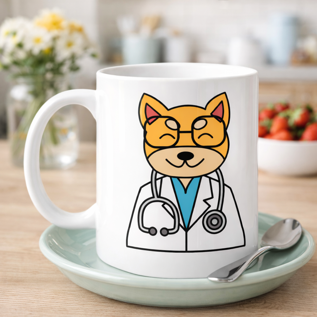 Doktor Kedi Tasarımlı Porselen Kupa MODEL 174 – Sevimli Veteriner / Doktor Kedi Kahve Kupası – Kedi Severlere ve Sağlık Çalışanlarına Hediye