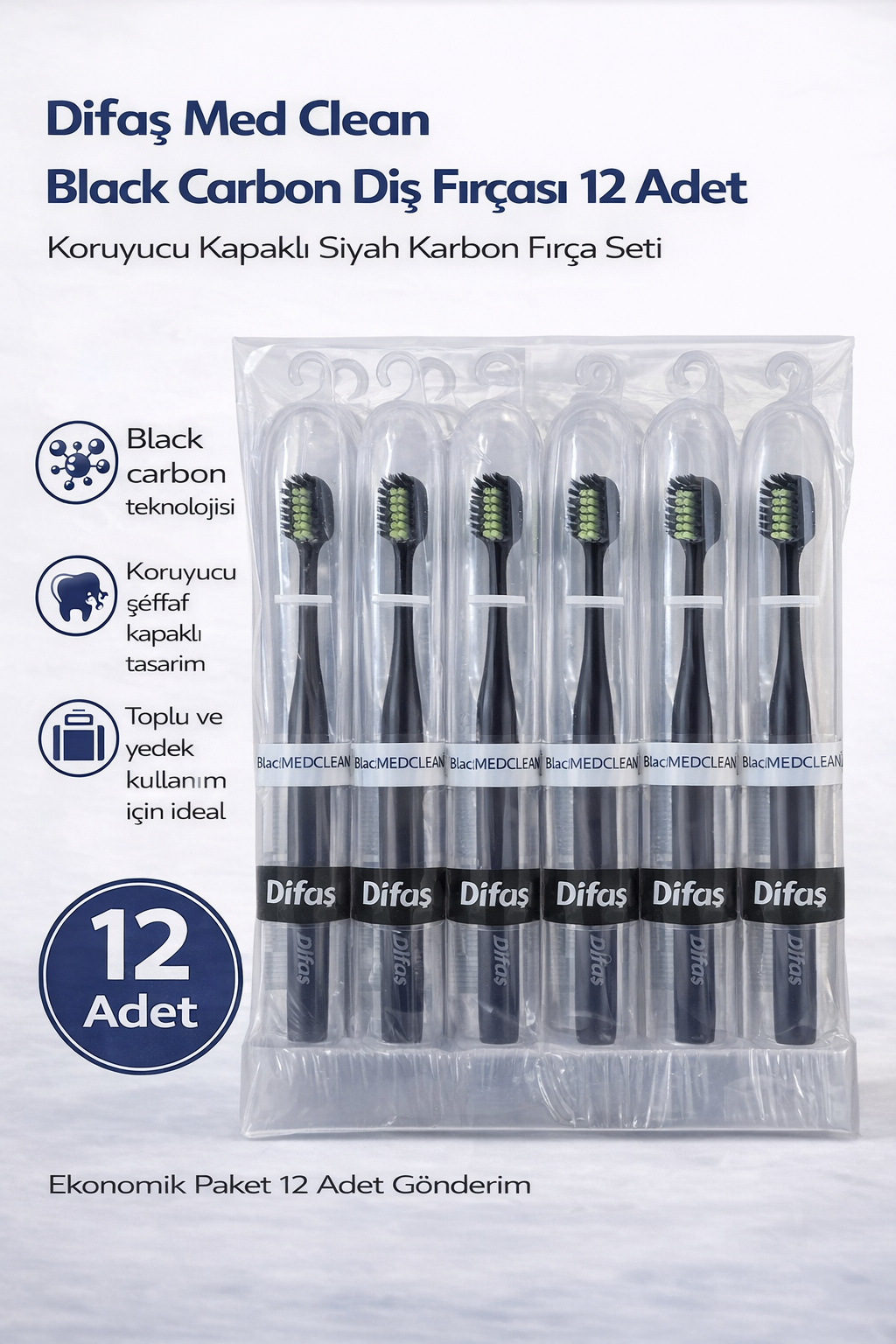 Difaş Med Clean Black Carbon Diş Fırçası 12 Adet Standlı Koruyucu Kapaklı Siyah Karbon Fırça Seti