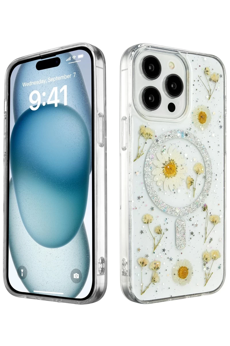 Apple iPhone 15 Pro Uyumlu Kılıf Daisy Simli Magsafe Kapak - Gümüş