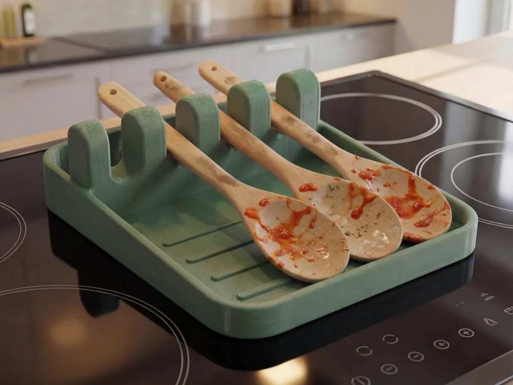 3D Baskı Kaşıklık ve Tencere Kapağı Tutucu Damlalık Tepsisi Ocak Başı Mutfak Standı Kepçelik Yeşil