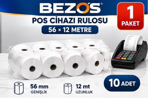 Termal POS Cihazı Rulosu 56 mm x 12 m - 10 Adet (1 Paket) Yazar Kasa Slip Rulosu