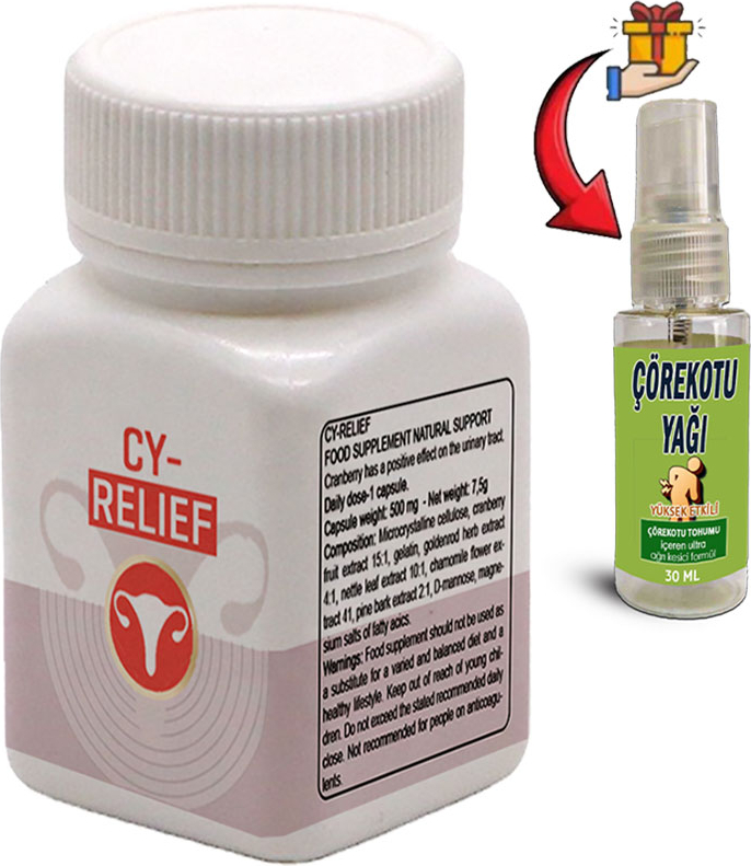 Cy-Relief 1 Kutu Amerikan Kızılcığı Ebegümeci Adaçayı C Vitamini Esktarlarıyla Erkeğe Özel Destekleme + Çörek Otu Masaj Yağı 30 ml