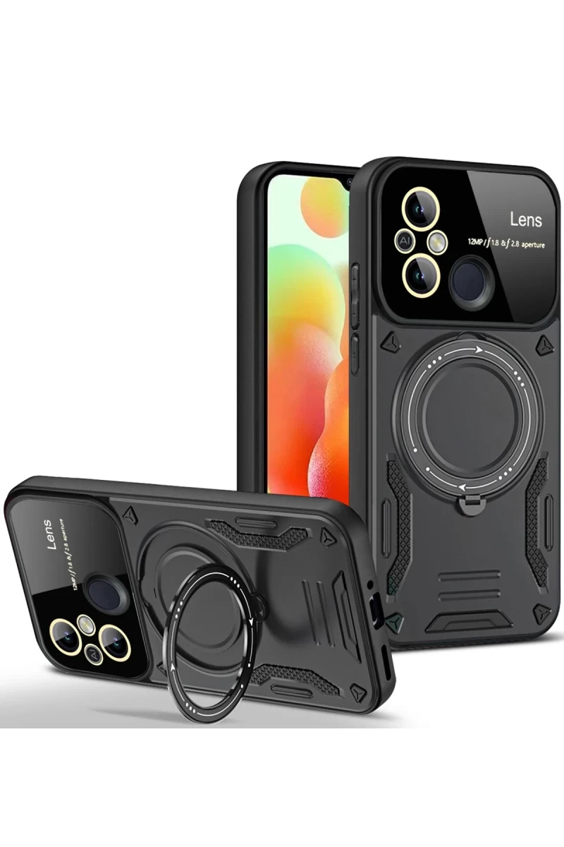 Xiaomi Redmi 12C Uyumlu Kılıf Joy Lens Standlı Kapak - Siyah