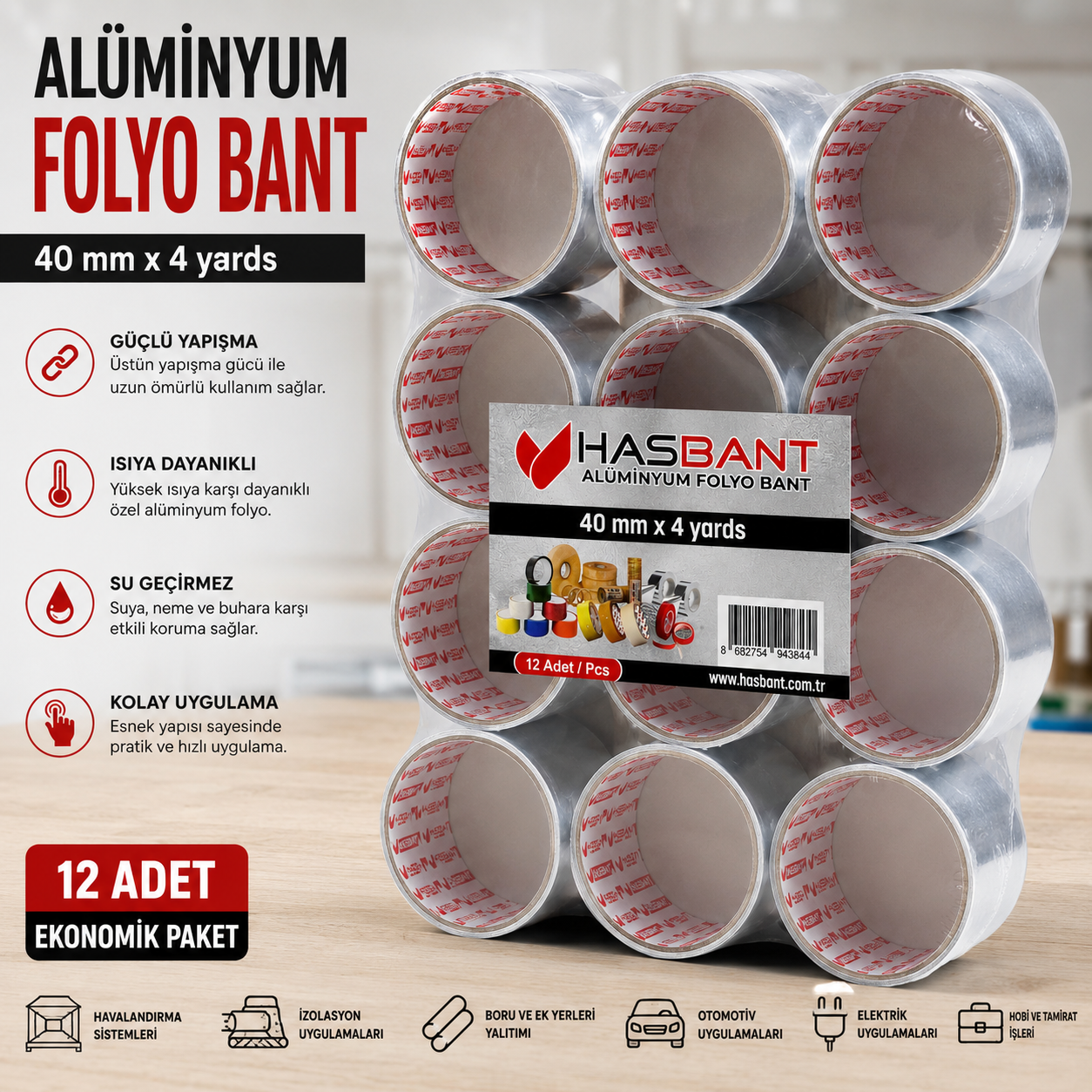 Alüminyum Folyo Bant 40 MM x 4 Yard 12’li Paket | Isıya Dayanıklı Güçlü Yapışkanlı İzolasyon Bandı