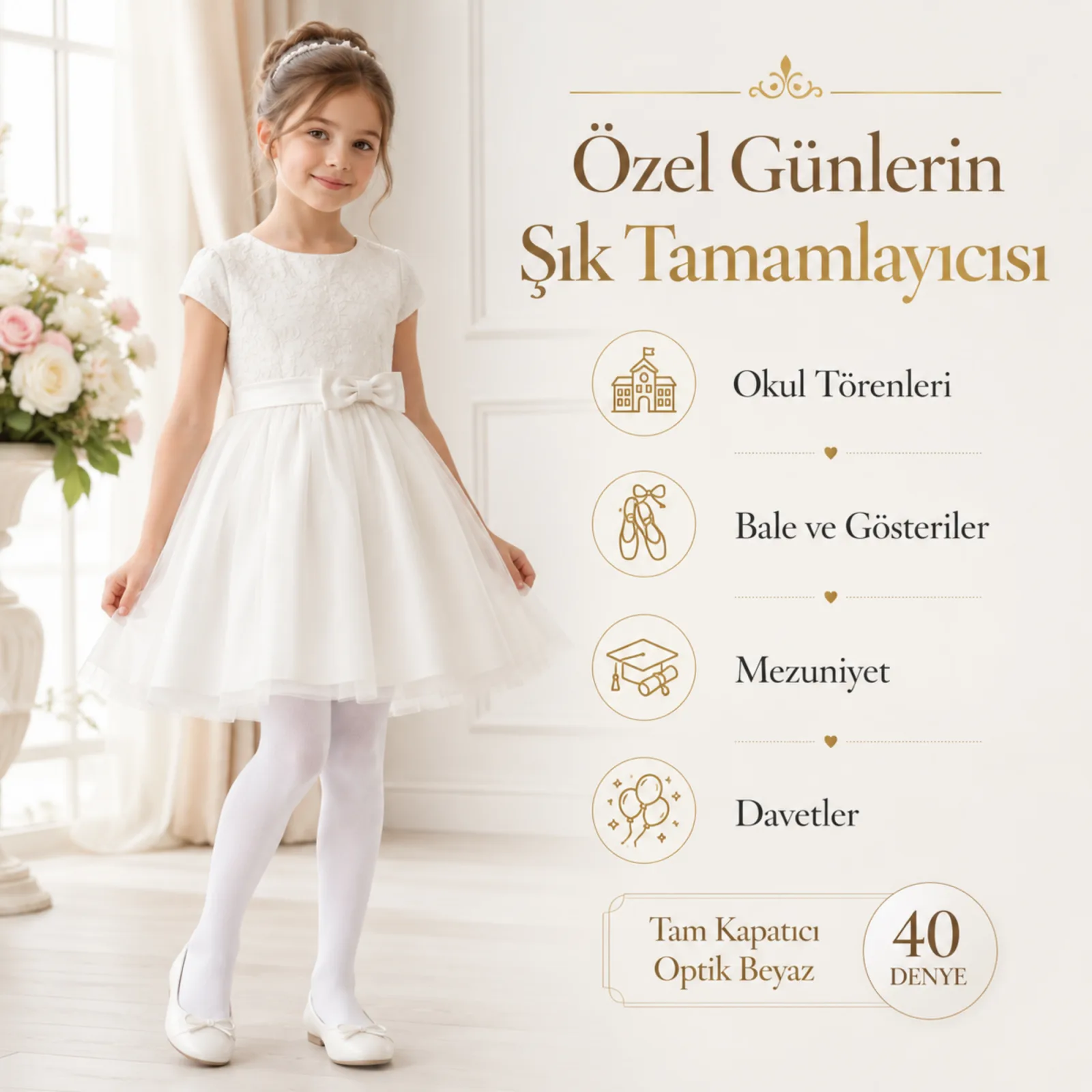 Kız Çocuk Beyaz 40 Denye Opak Külotlu Çorap Okul Bale ve Özel Gün Çorabı