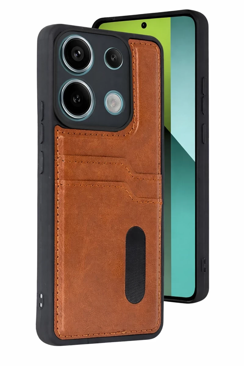 Xiaomi Redmi 15C 4G Uyumlu Sara Kartvizitli Deri Kılıf - Taba