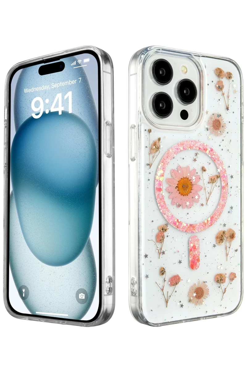 Apple iPhone 14 Pro Uyumlu Kılıf Daisy Simli Magsafe Kapak - Pembe
