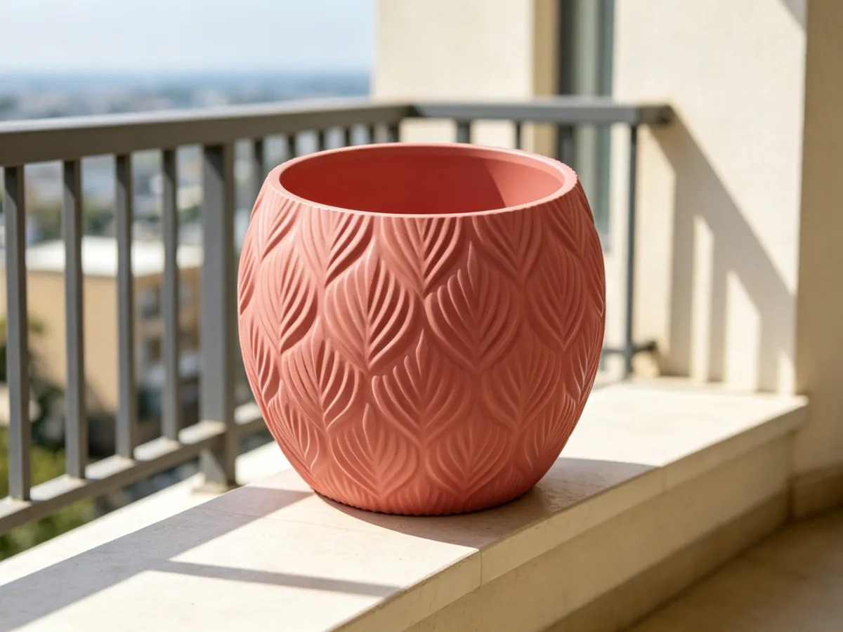 3D Baskı Yapraklı Desenli Yuvarlak Saksı Tepsili Süzdürmeli Bitki Saksısı 15 cm Dekoratif Çiçek - Kırmızı