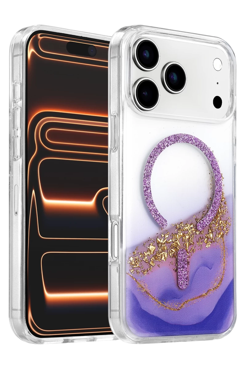 Onegif Apple iPhone 17 Pro Uyumlu Lotus Simli Magsafe Kapak - Mor