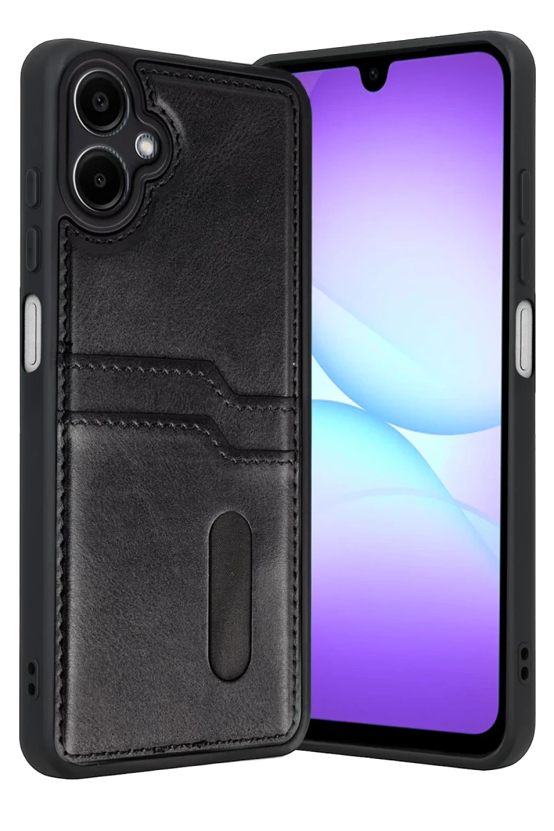 Samsung Galaxy A07 4G Uyumlu Sara Kartvizitli Deri Kılıf - Siyah