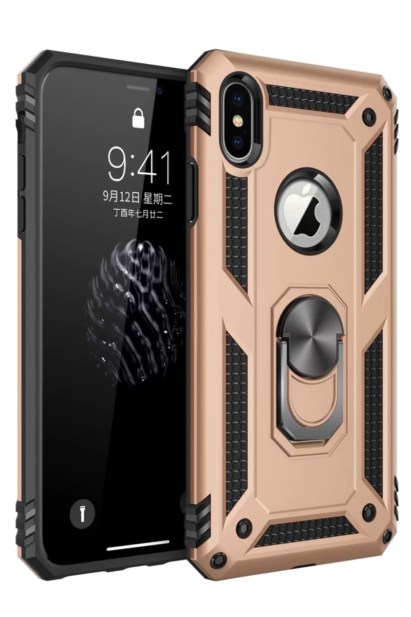Apple iPhone X Uyumlu Kılıf Sofya Yüzüklü Silikon Kapak - Gold