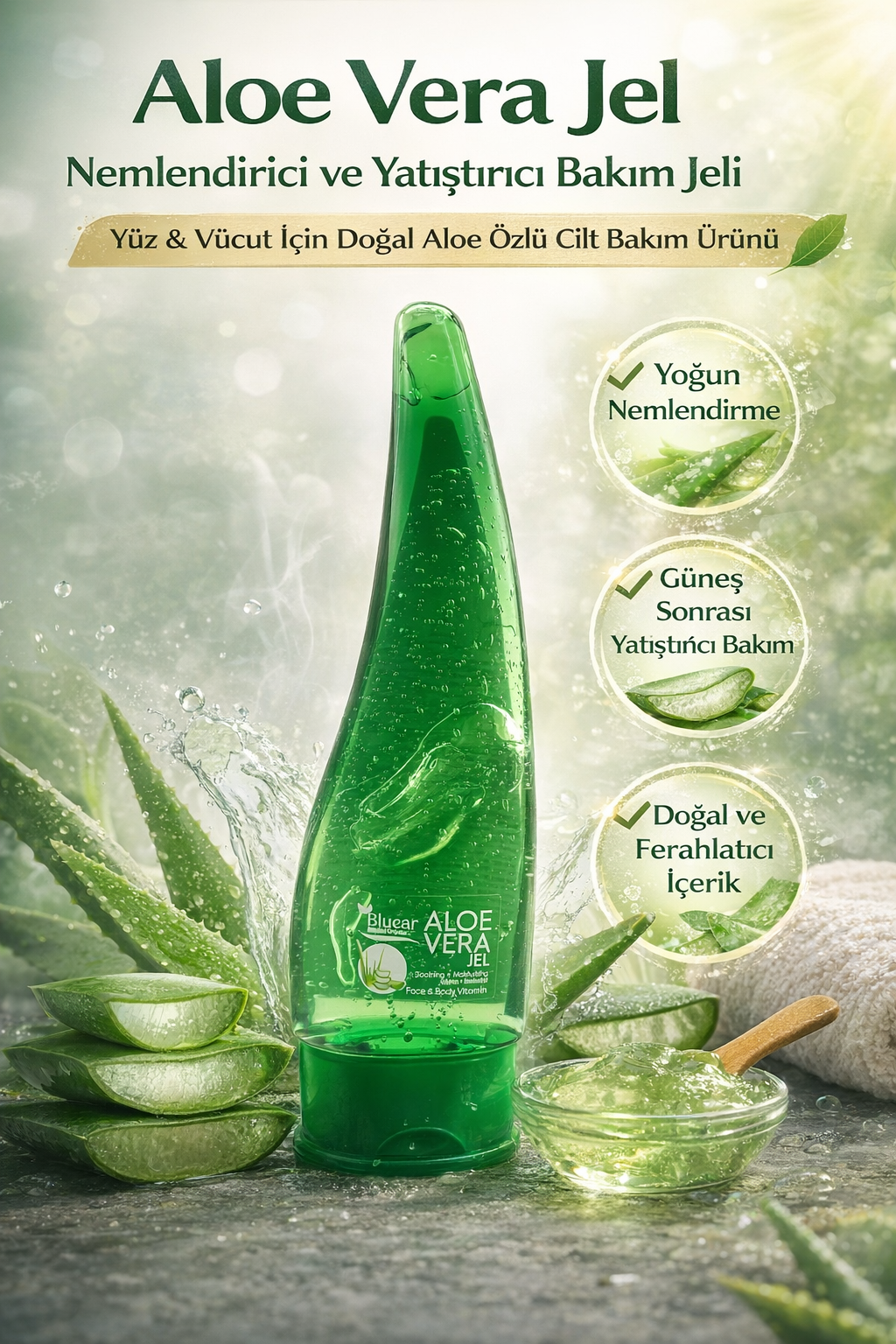 Aloe Vera Jel Nemlendirici ve Yatıştırıcı Bakım Jeli Yüz ve Vücut İçin Doğal Aloe Özlü Cilt Bakım Ürünü