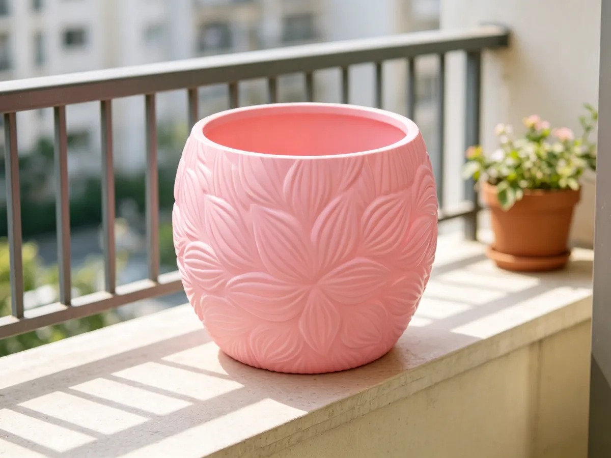3D Baskı Yapraklı Desenli Yuvarlak Saksı Tepsili Süzdürmeli Bitki Saksısı 15 cm Dekoratif Çiçek - Pembe