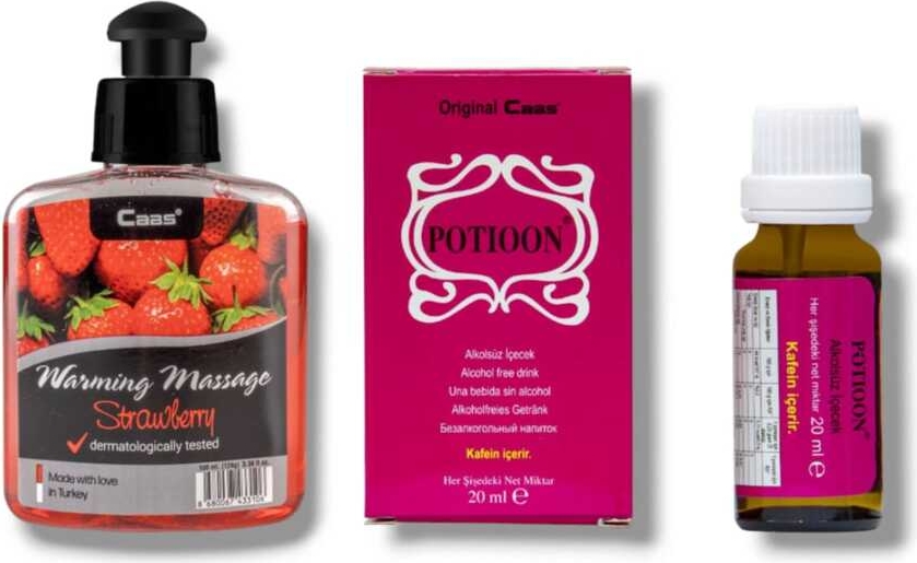 Caas Çilek Aromalı  Isıtıcılı Cinsel Masaj Yağı 100 ml + Potıoon Kadınlara Özel Damla