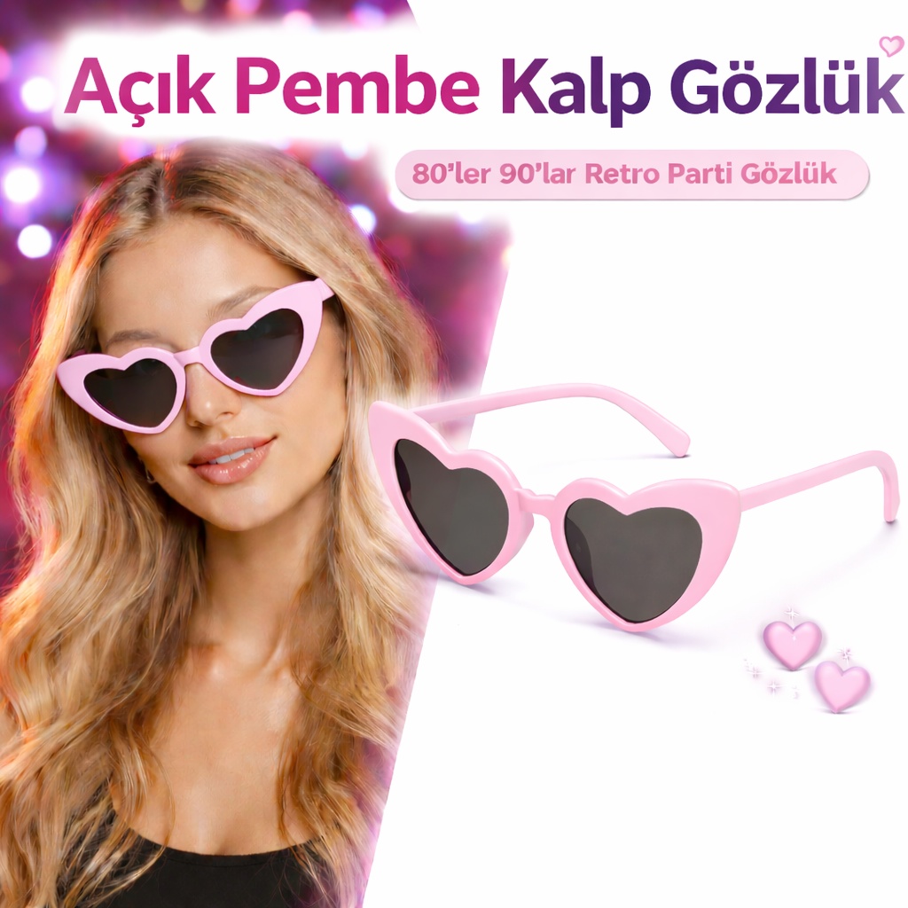 Pembe Retro Kalp Gözlük ? 80?ler 90?lar Stil Parti Gözlüğü