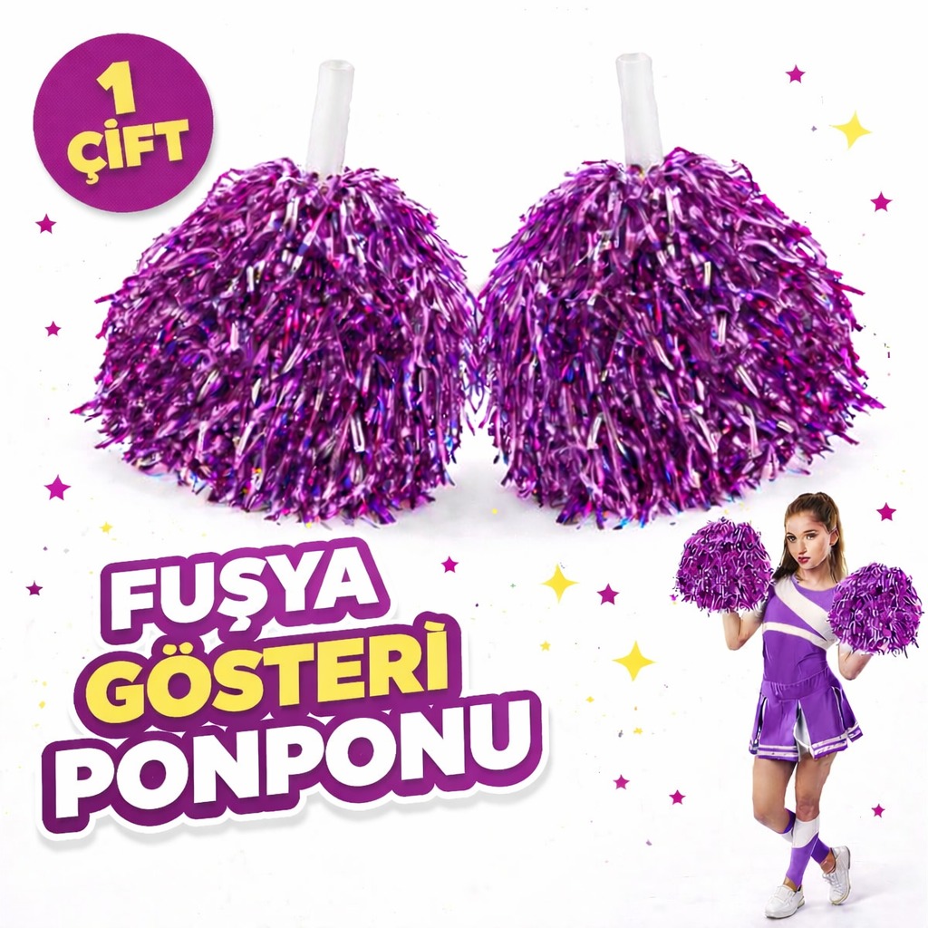 1 Çift ( 2 Adet ) Mor Renk 23 Nisan 19 Mayıs 29 Ekim Okul Gösteri Ponponları Ekstra Dolgun
