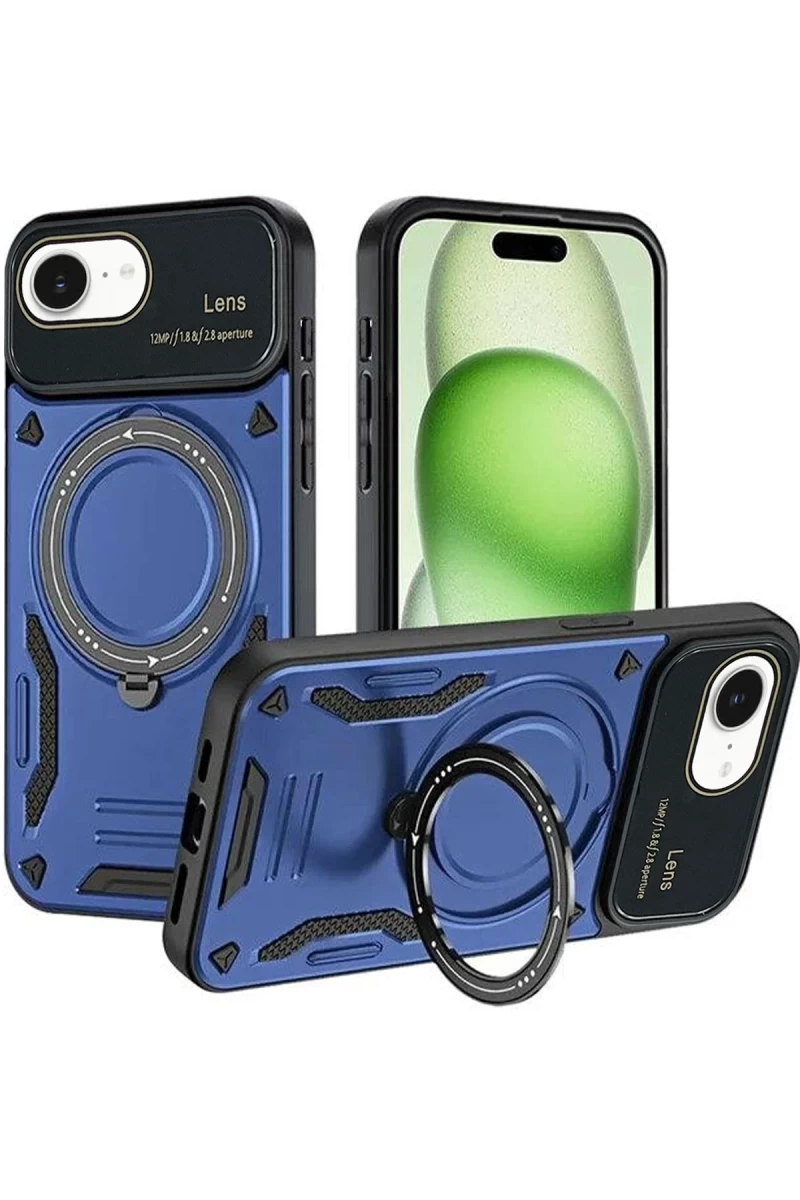 Apple iPhone 16E Uyumlu Kılıf Joy Lens Standlı Kapak - Lacivert