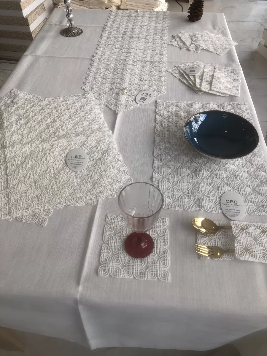Sofra Takımı Orion Gardenya Keten Yemek Takımı 160x260 Masa Seti 26 Parça Runner Set Krem