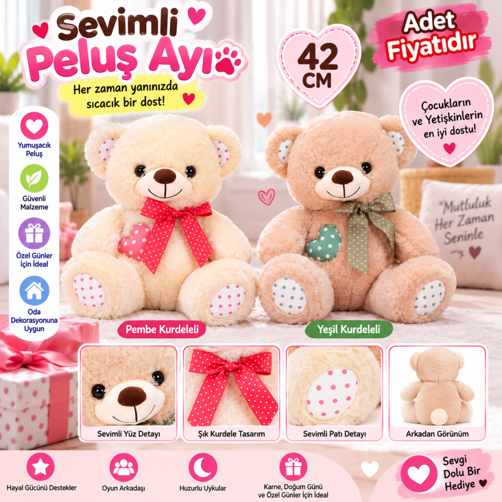 1001522 PELUŞ AYI OTURAN KURDELELİ KALPLİ 42 CÖ 2A (adet fiyatıdır)