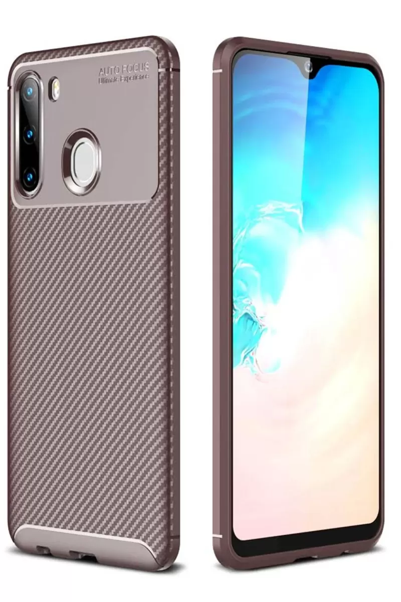 Samsung Galaxy A21 Uyumlu Kılıf Auto Focus Karbon Kapak - Kahverengi