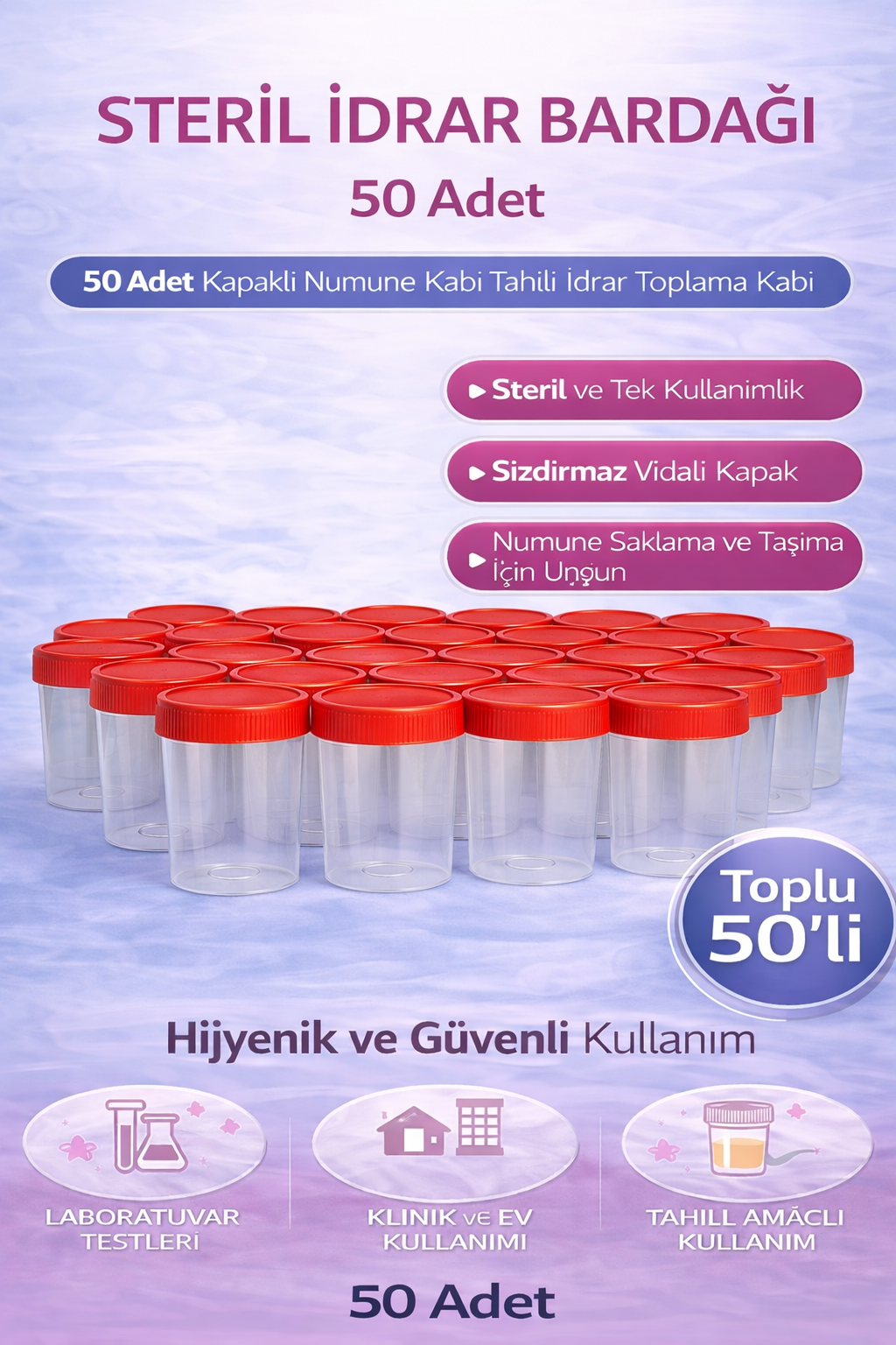 Steril İdrar Kabı Kapasiteli Numune Toplama Kabı 50 Adet