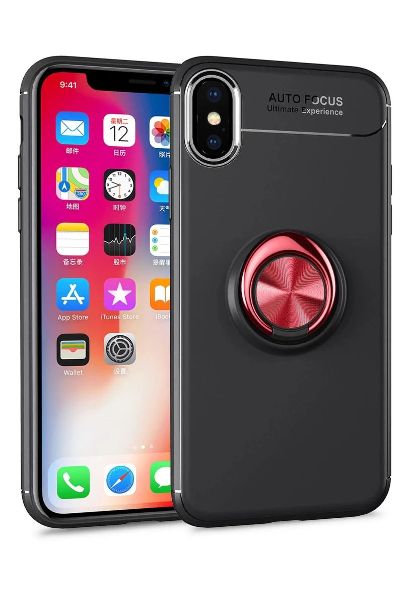 Apple iPhone XS Max Uyumlu Kılıf Range Yüzüklü Silikon - Siyah-Kırmızı