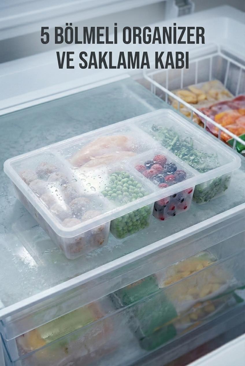 5 Bölmeli Şeffaf Buzdolabı İçi Düzenleyici & Kapaklı Dondurucu Saklama Kabı (24x38 cm)