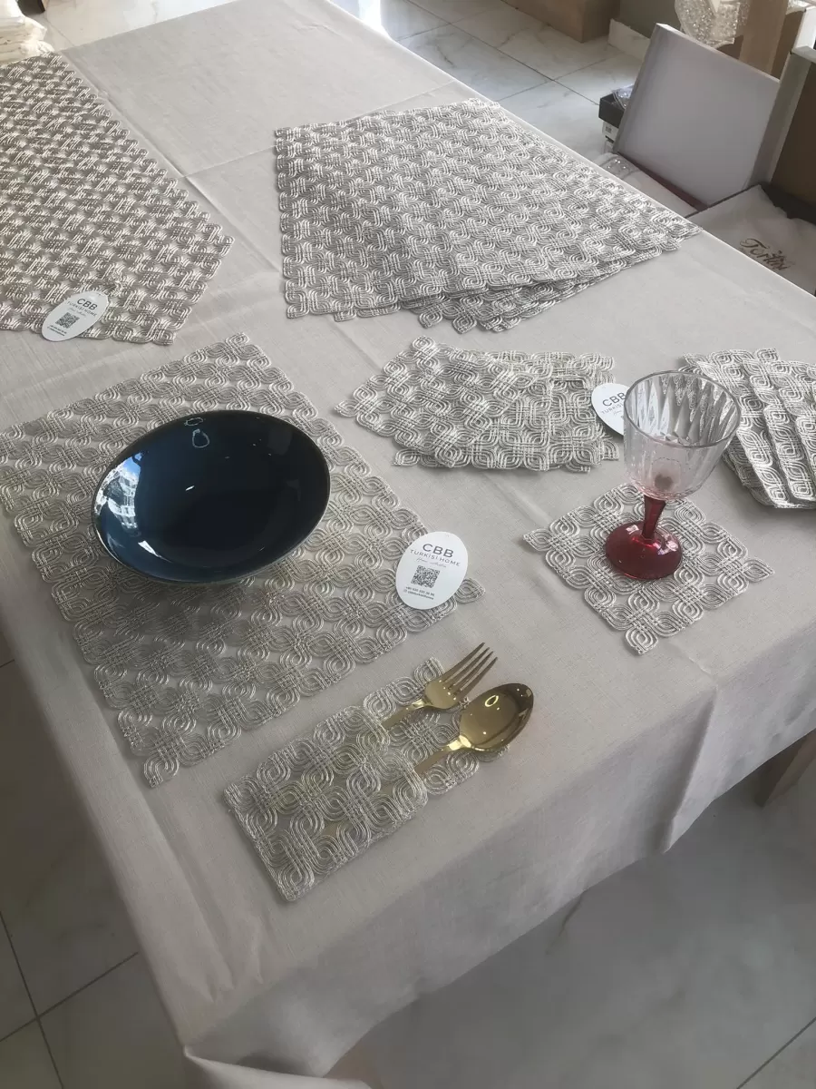 Sofra Takımı Orion Gardenya Keten Yemek Takımı 160x260 Masa Seti 26 Parça Runner Set Platin