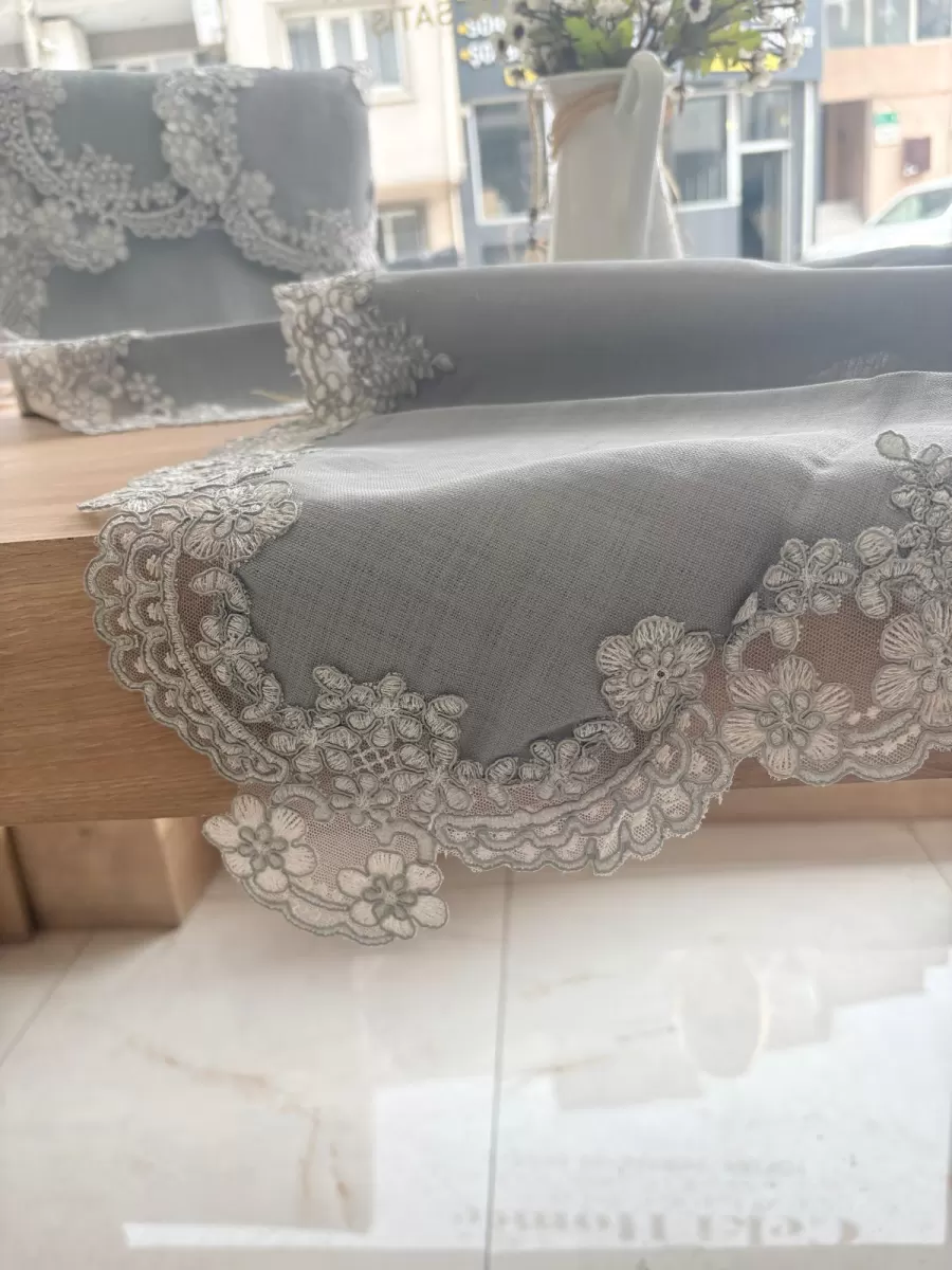 Salon Takımı 5 Parça Keten Dantelli Masa Örtüsü Runner Seti Çeyizlik Firuze Model Gri