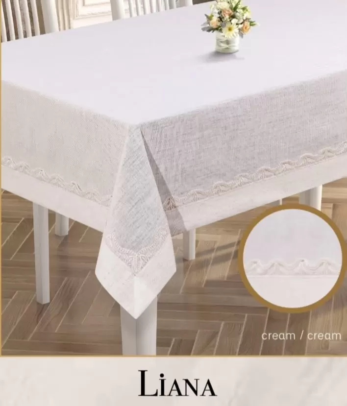 160x260 cm Liana Model Krem Çeyizlik Keten Dantel Şık Yemek Dekoru
