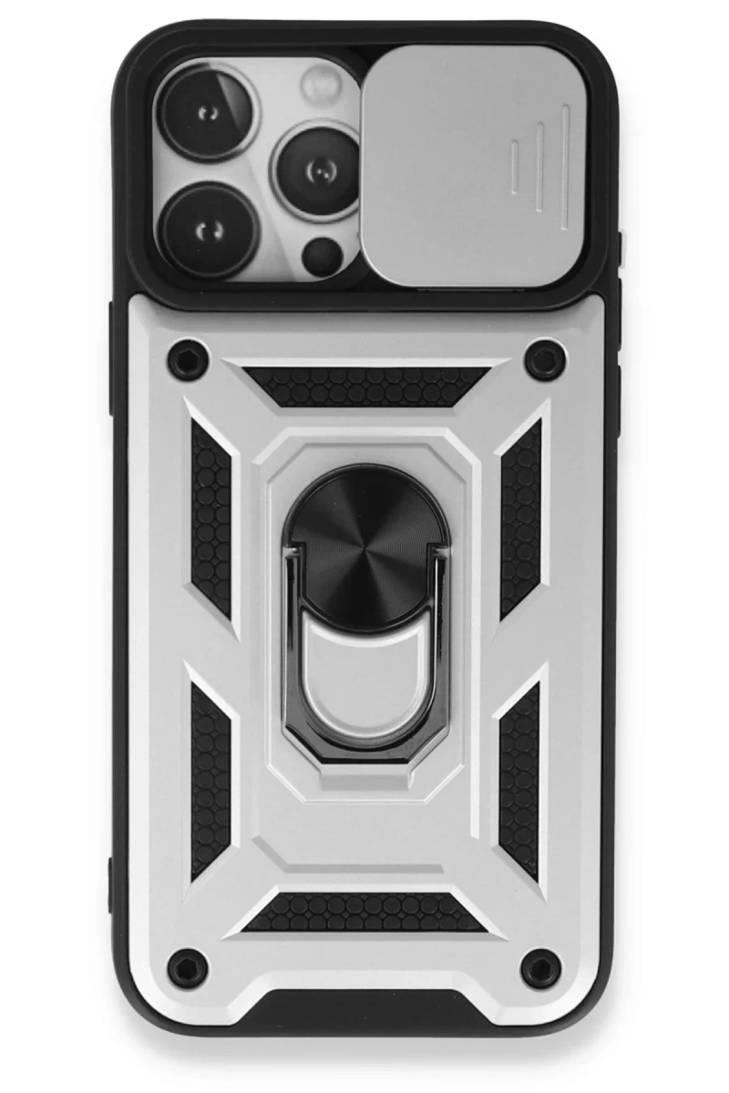 Apple iPhone 15 Pro Max Uyumlu Kılıf Pars Lens Yüzüklü Silikon - Gümüş