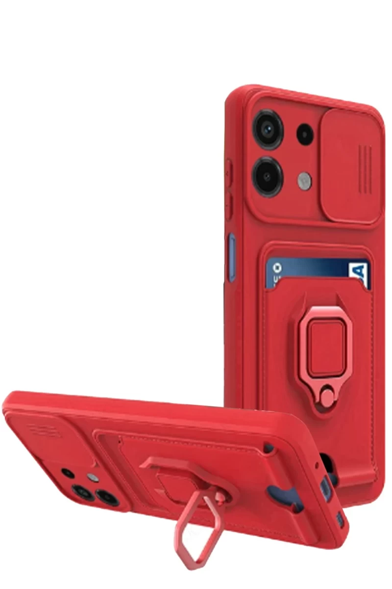 Xiaomi Redmi Note 13 4G Uyumlu Kılıf Zuma Kartvizitli Yüzüklü Silikon - Kırmızı