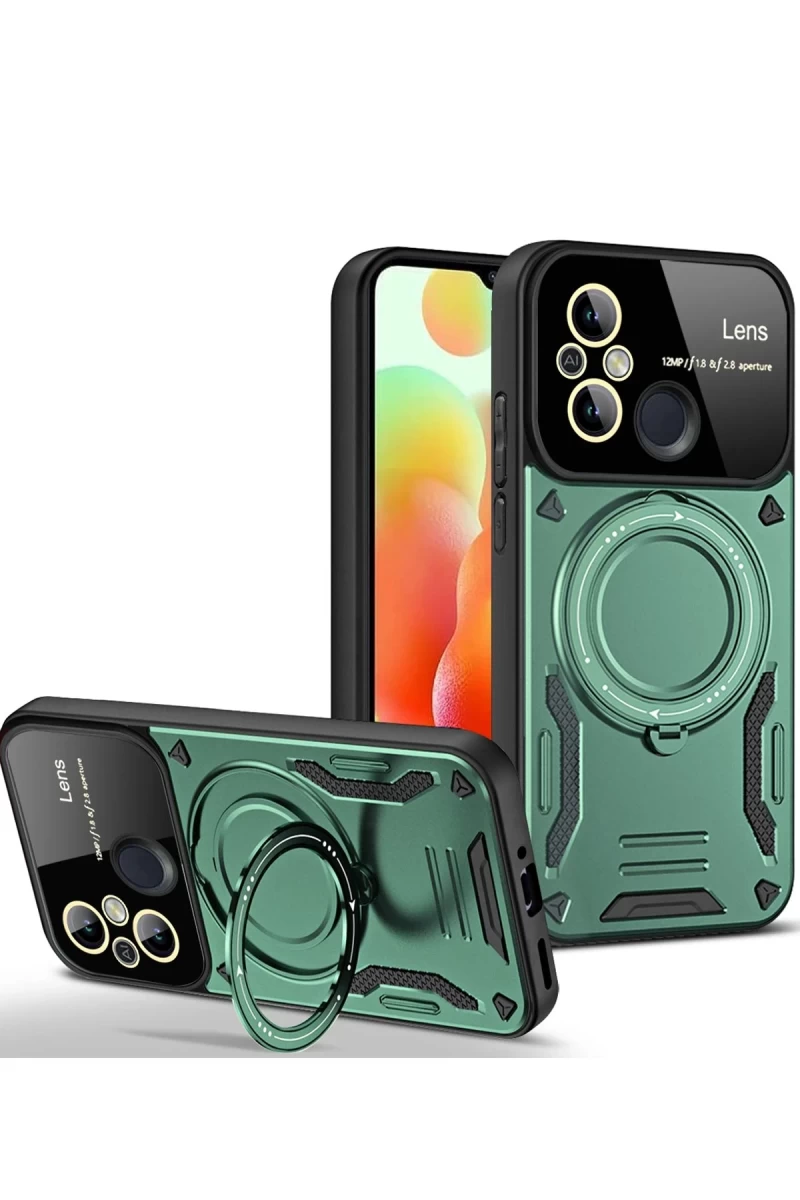 Xiaomi Redmi 12C Uyumlu Kılıf Joy Lens Standlı Kapak - Koyu Yeşil