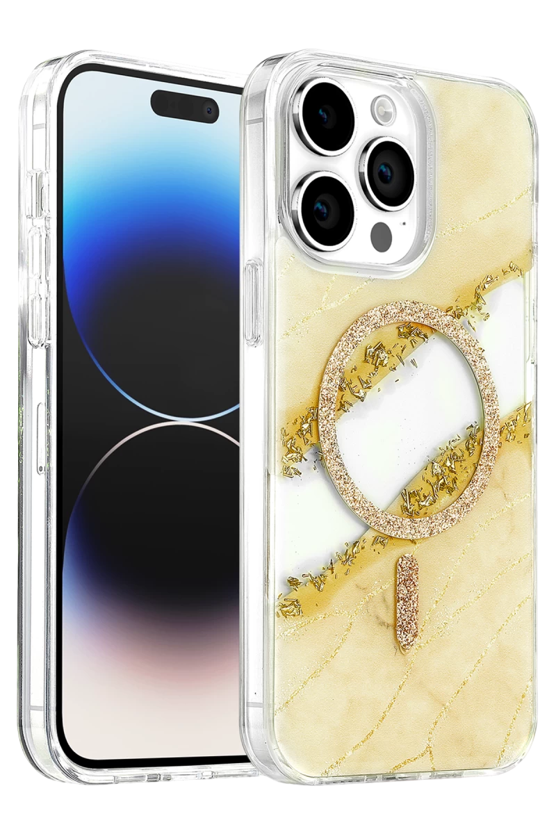 Onegif Apple iPhone 15 Pro Max Uyumlu Lotus Simli Magsafe Kapak - Gümüş