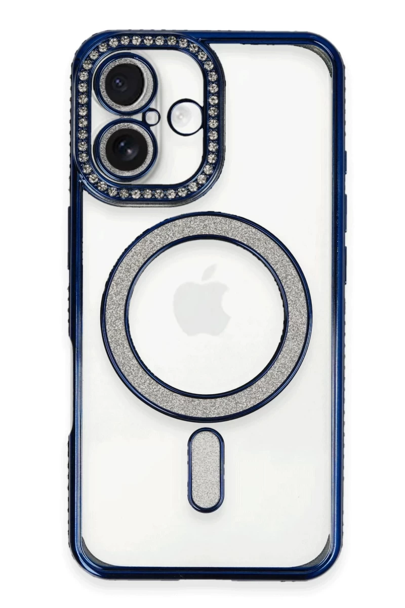 Apple iPhone 16 Uyumlu Kılıf Joke Simli Magneticsafe Kılıf - Lacivert