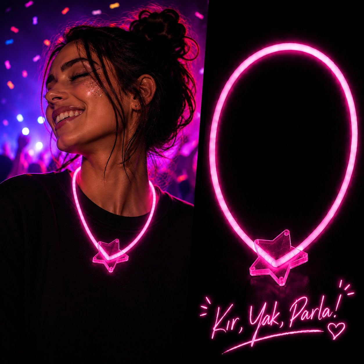 Fosforlu Yıldız Parti Kolyesi ? Neon Işıklı Kolye Pembe Renk