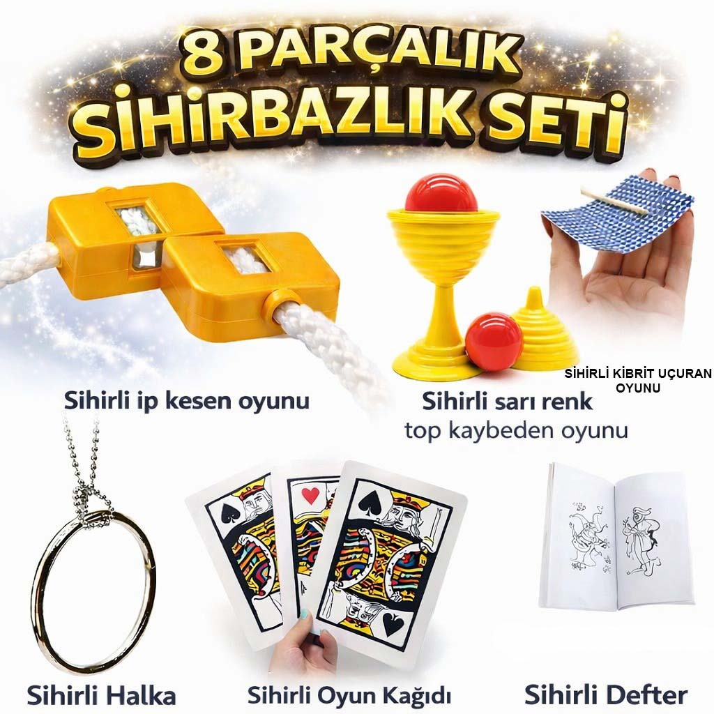 8?li Sihirbazlık Seti (Kibrit, Defter, Halka, Kupa, İp, 3?lü Kart)