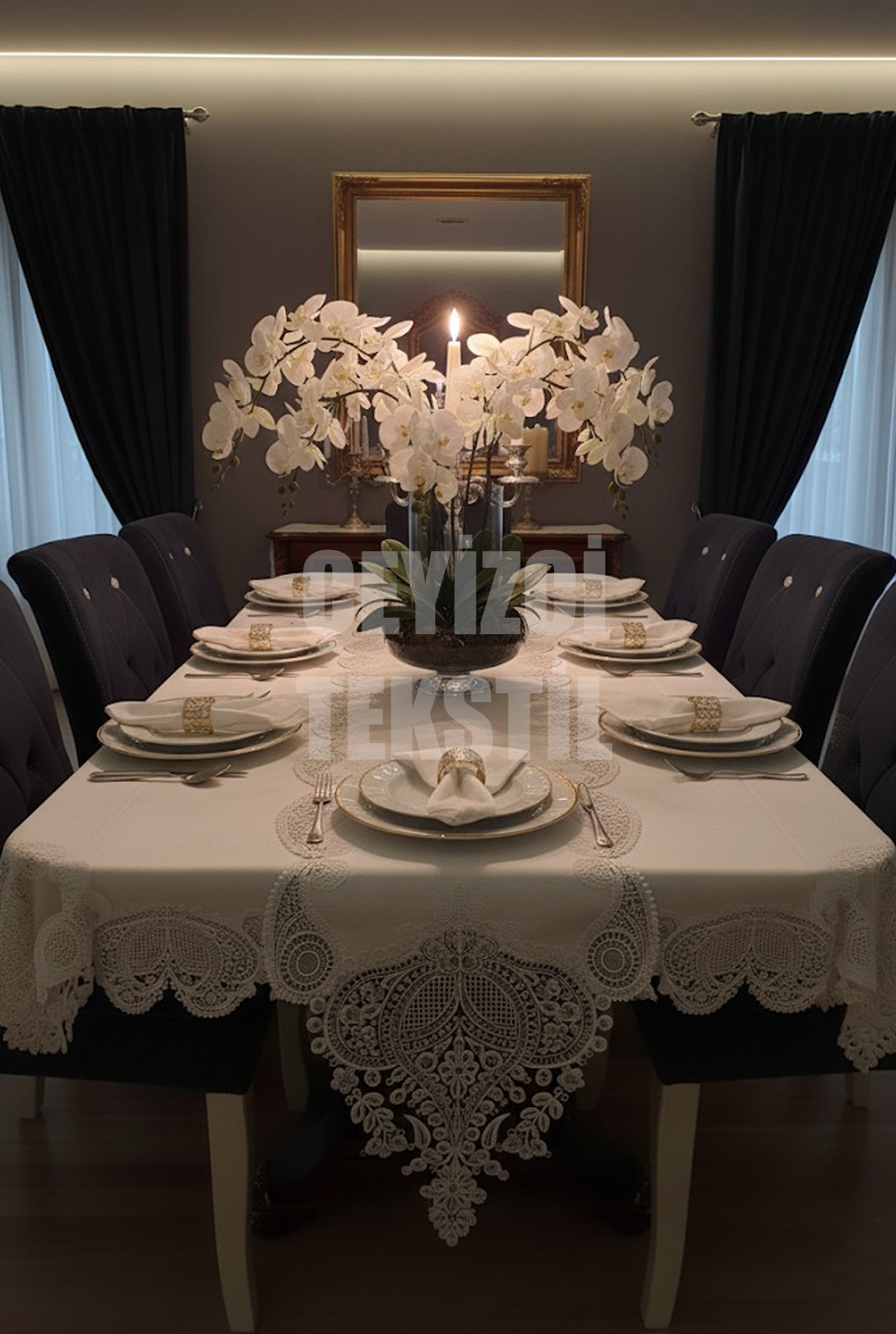 Salkım Masa Örtüsü 12 Kişilik Linen Kumas Krem Sofra Takımı